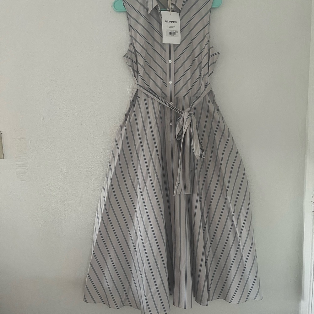 GRAMIMAR Sleeveless Striped Midi Shirt Dress in Light Gray and Navy